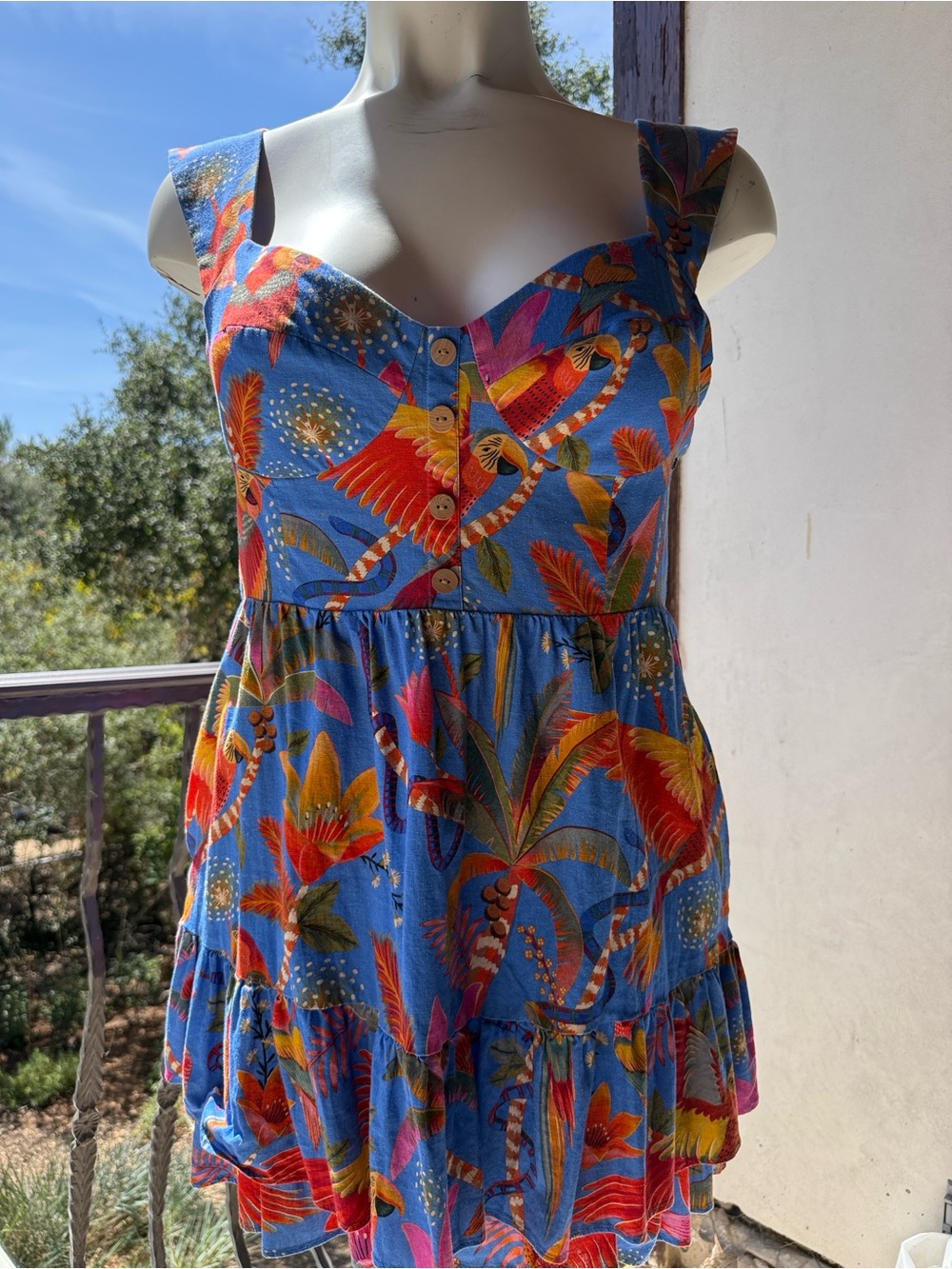 Farm Rio dress mini Blue pockets Tropical parrots Sundress linen-Ruffle hem - XL